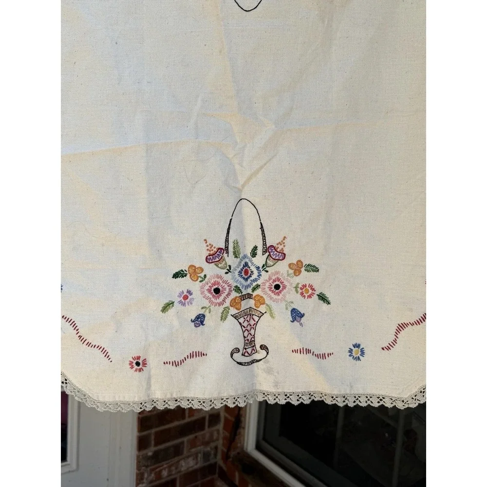 Vintage Handmade Linen Crochet Embroidered Floral Basket Table Runner  27x34